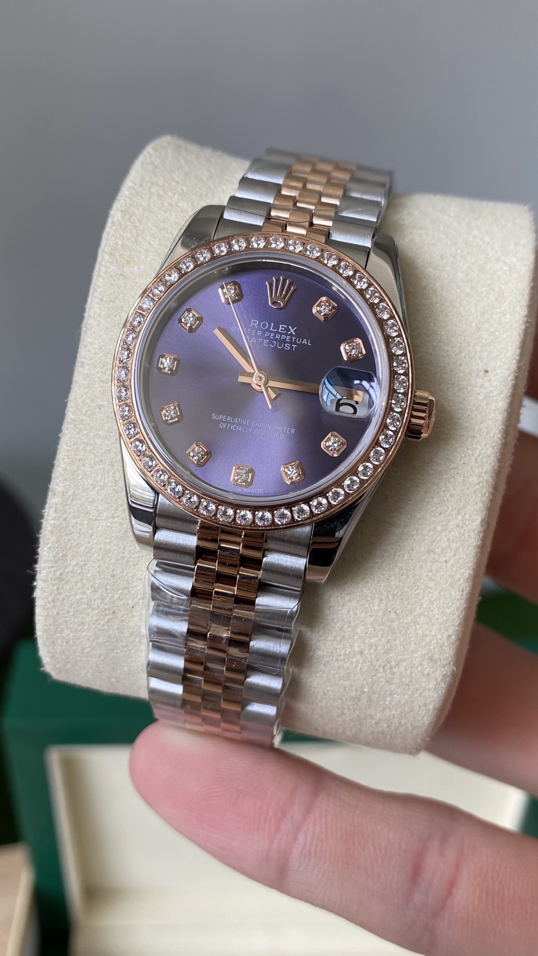 Two-tone rose gold and stainless steel fake rolex Datejust with purple diamond dial and diamond bezel
