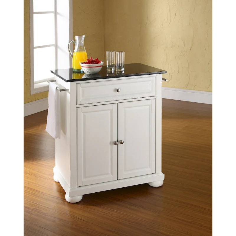 Crosley Alexandria Solid Black Granite Top Portable Kitchen Island in White Finish - 18d x 31w x 33.5h