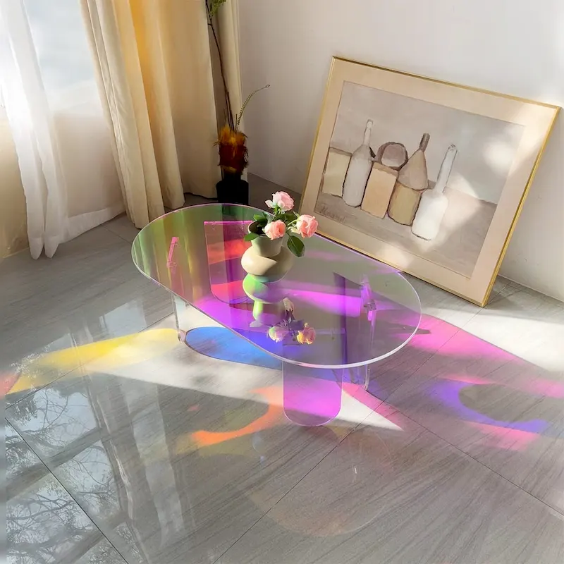 Iridescent Clear Acrylic Oval Side Table with 4 Geometric Legs – Modern