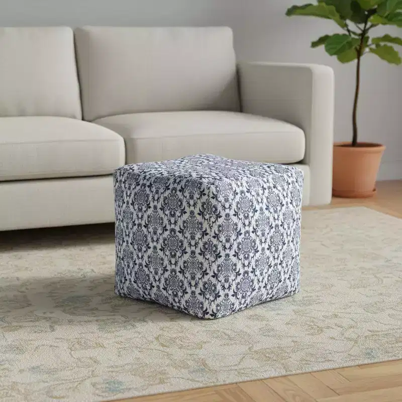 HomeRoots 18 Blue and White Upholstered Floral Pouf Ottoman