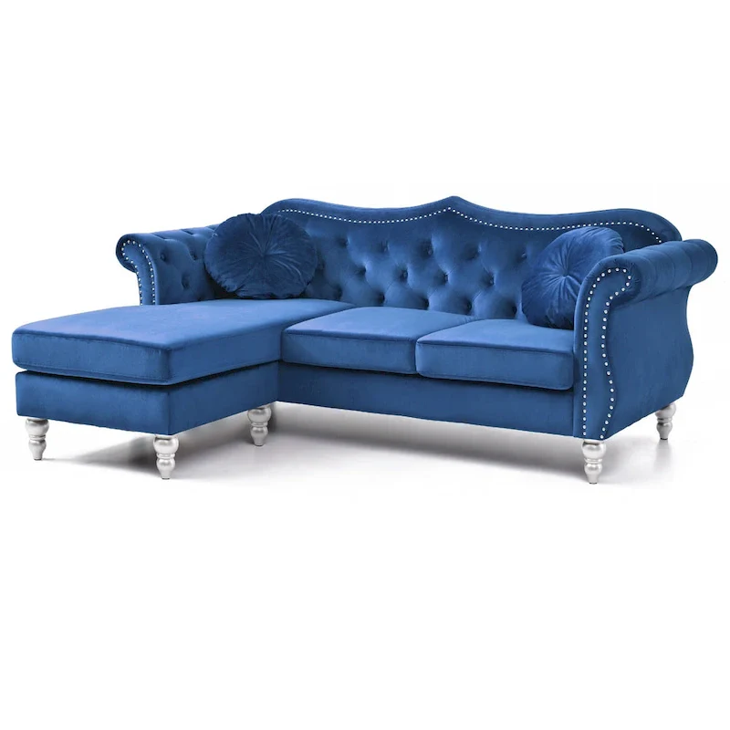 Blue Velvet Chesterfield Sectional Sofa with Throw Pillows, Seats 3
