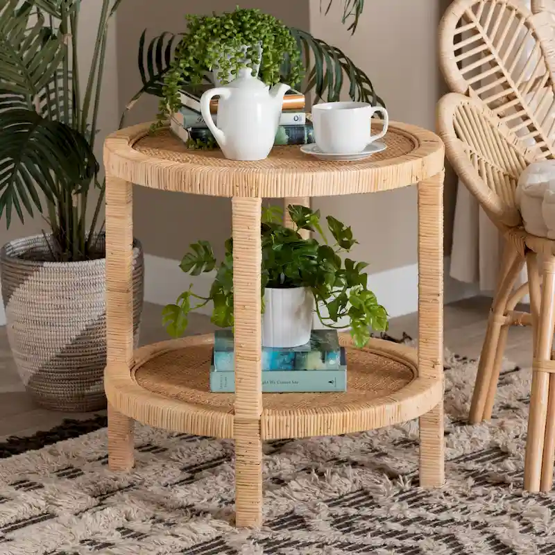 Bella Modern Bohemian Natural Brown Mahogany Wood and Natural Rattan 2-Tier End Table