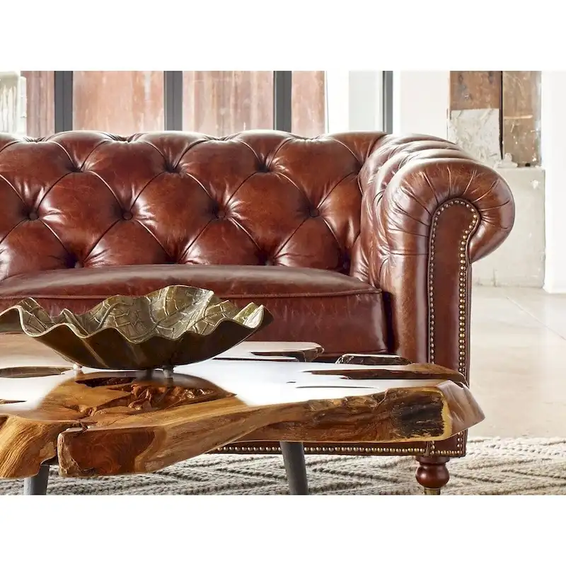 Aurelle Home Premier Top Grain Leather Chesterfield Sofa