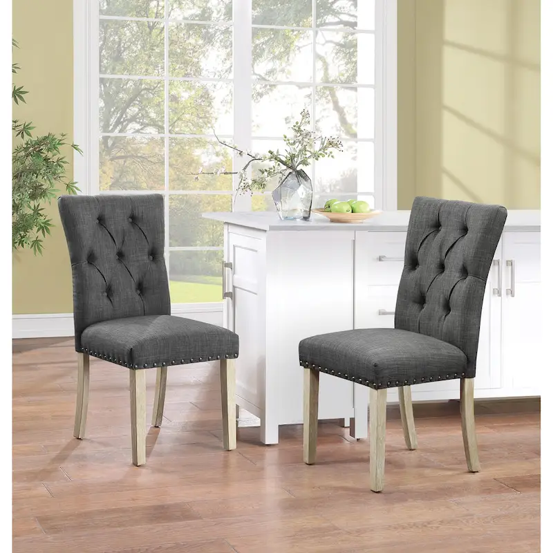 Button Tufted Dining Chair, Burlap / Indigo / Charcoal, Set of 2