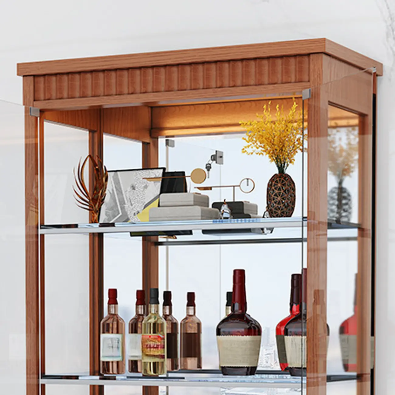Modern Natural Wood Wine Rack with Glass Shelf