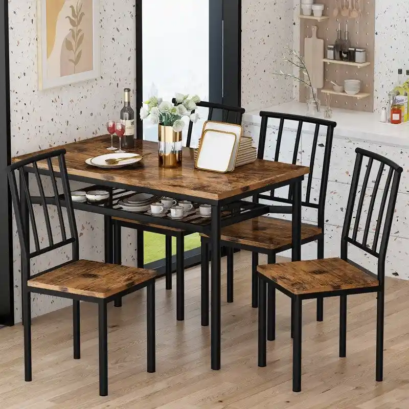 Modern Industrial Dining Table for 4, Wood Kitchen Table and Chairs, Dining Room Table with Storage Rack