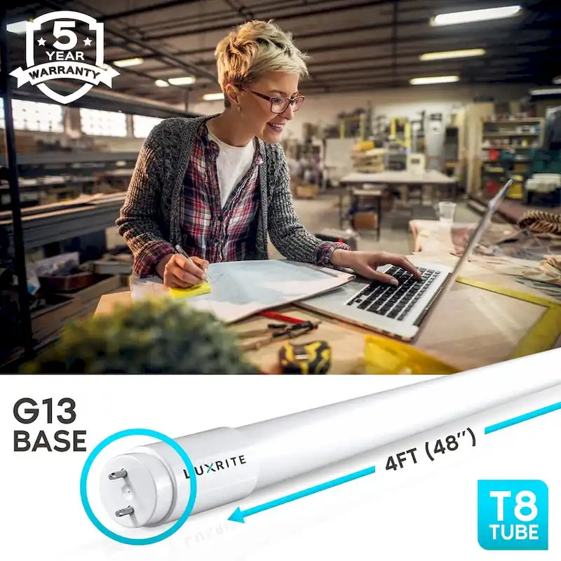 Luxrite 4FT T8 LED Tube Light, Ballast and Ballast Bypass, 13W=32W, 1800 Lumens, Damp Rated 4 Pack