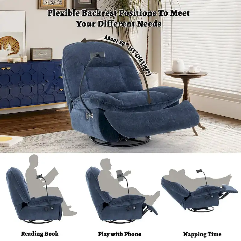 Bronzing fabric swivel recliner with mobile phone bracket