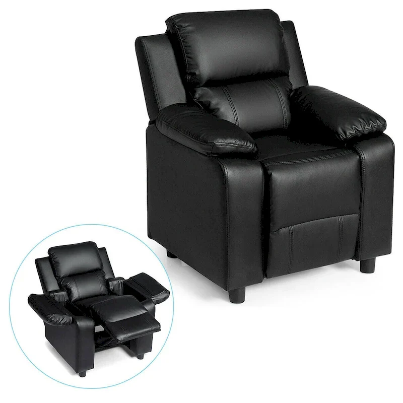 Black PU Leather Kids Recliner Sofa with Flip-Up Armrest, 1-Seater