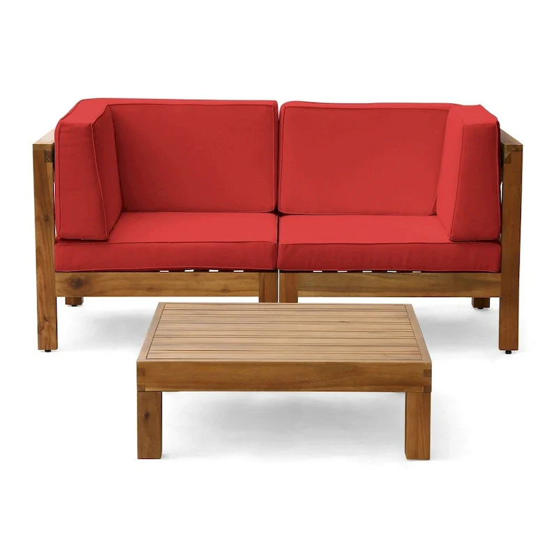 Oana Outdoor 2-Seater Acacia Wood Sectional Loveseat and Coffee Table Set with Cushions by Christopher Knight Home