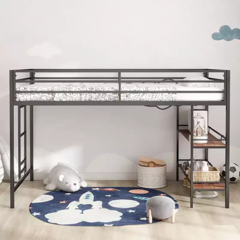 Bellemave Junior Twin Loft Bed with Black Metal Frame, Cinnamon Wood Shelf, Guardrails & Ladder, Space-Saving Kids Bedroom Loft Bed