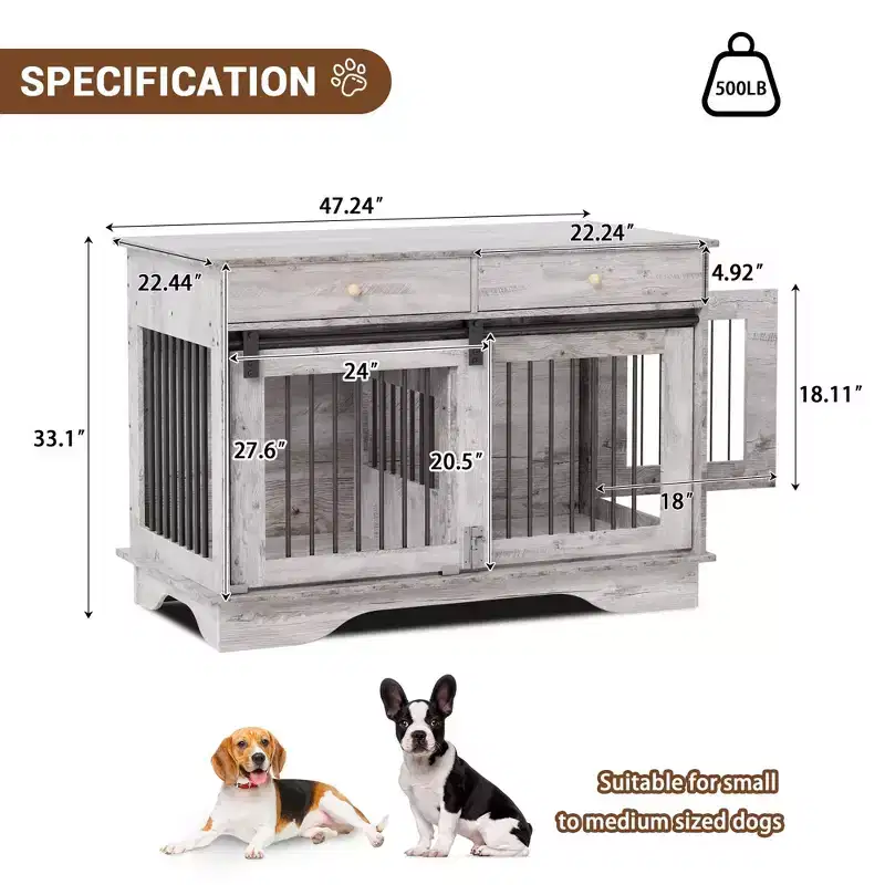 Dog Crate, 47'' Large Dog Furniture Crate w/2 Storage Drawers & Removable Divider - Grey Double Cage