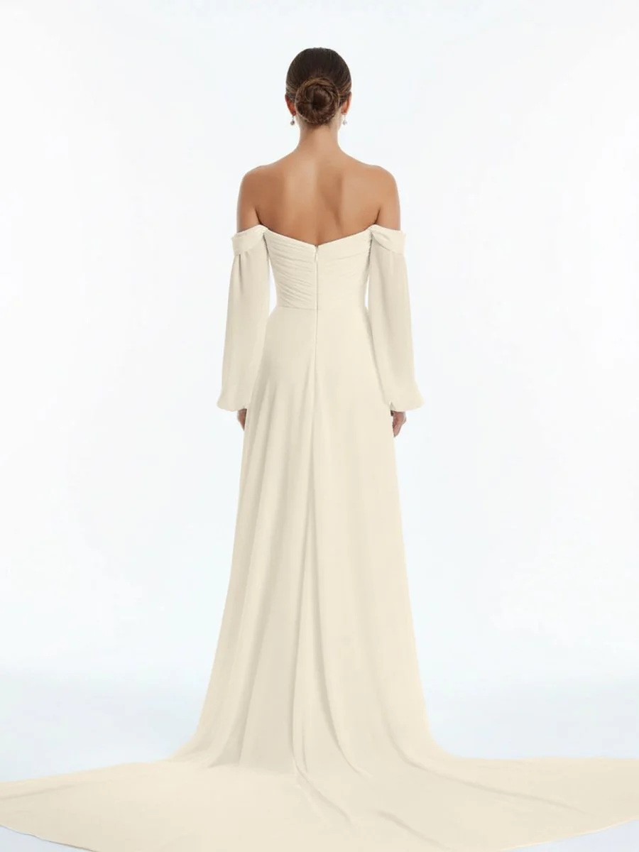 A-Line Sweetheart Long Sleeves Chiffon Sweep Train Wedding Dress