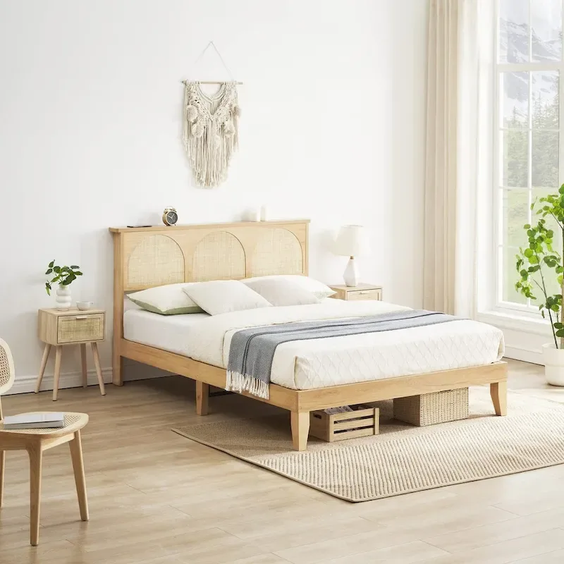 Bed Frame with Natural Rattan Headboard