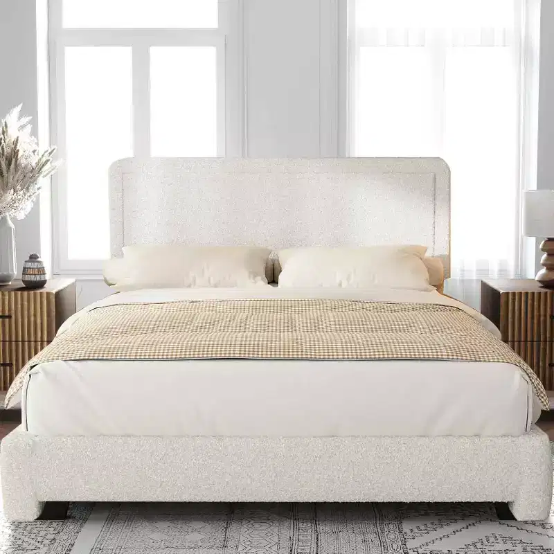 Dyonery Boucle Bed Frame,White Upholstered Teddy Fabric Bed Frame with Headboard, Adjustable Headboard, Easy Assembly