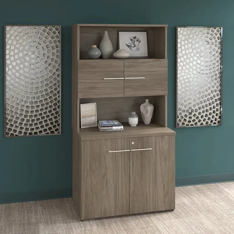 Storm Gray Tall Storage Cabinet with Doors & Open Shelves, 1-Person