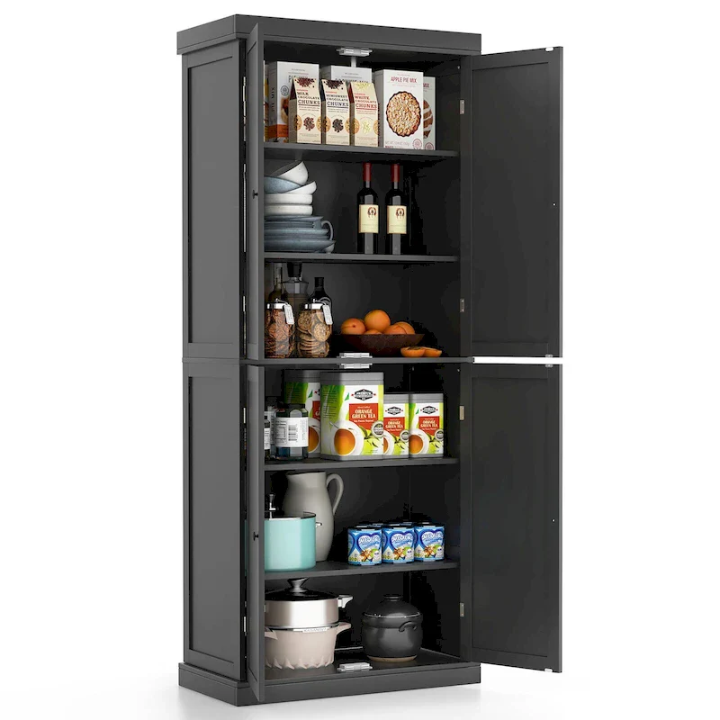 Black/White 4-Door 6-Shelf Freestanding Kitchen Pantry Cabinet