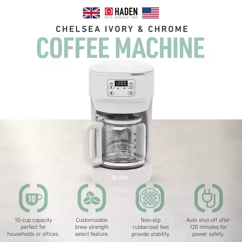 Haden Chelsea Coffee Machine, 10 Cup Programmable Drip Coffee Maker with Auto Shut-Off Function and Keep-Warm Function, Ivory  Chrome