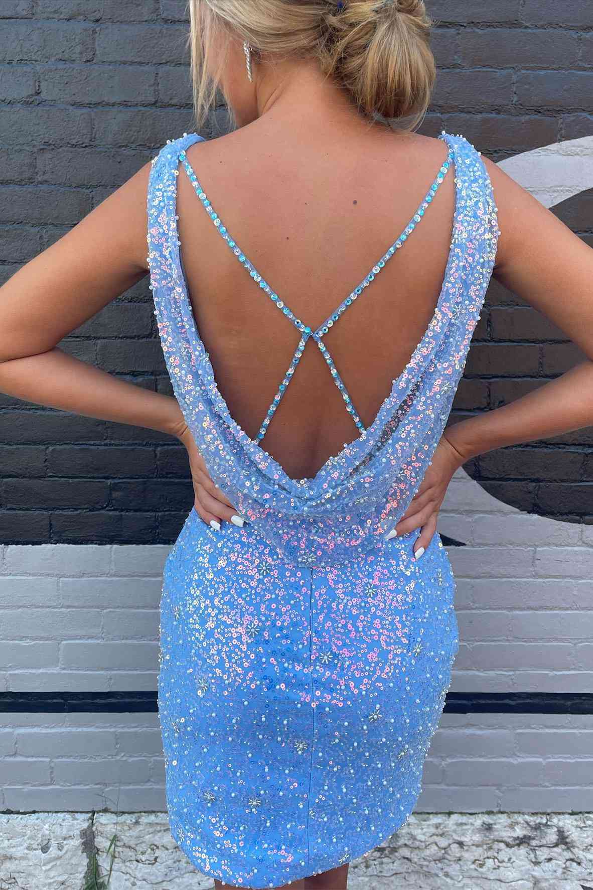 Sheath Sky Blue Sequins Mini Party Dresses