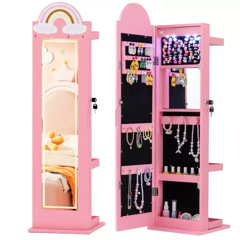 Costway 3 In 1 Kids Jewelry Cabinet w/3-Color Lighted Full Length Mirror Clothes Rack