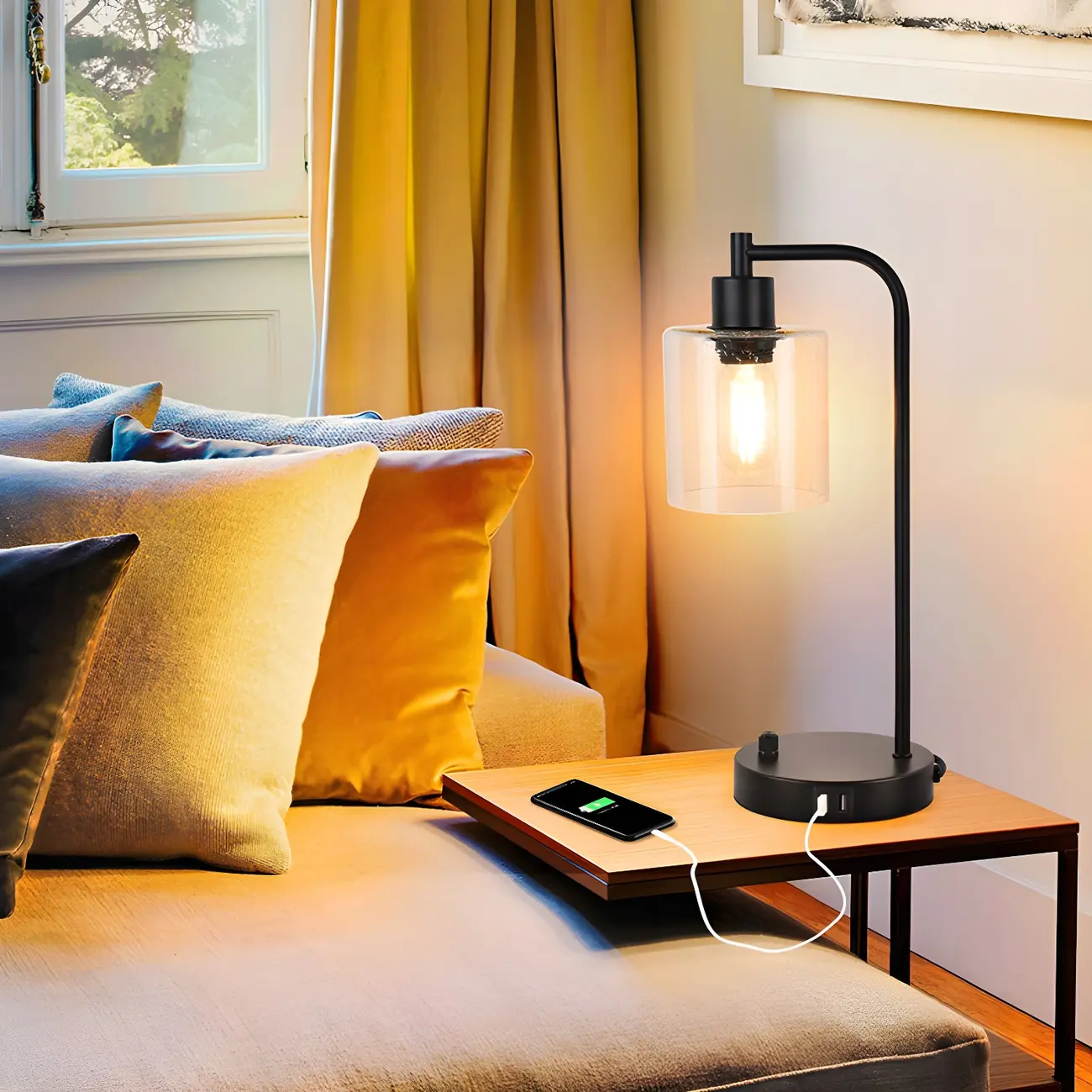 Simple Black Metal Glass Barrel Table Lamp with Touch Switch
