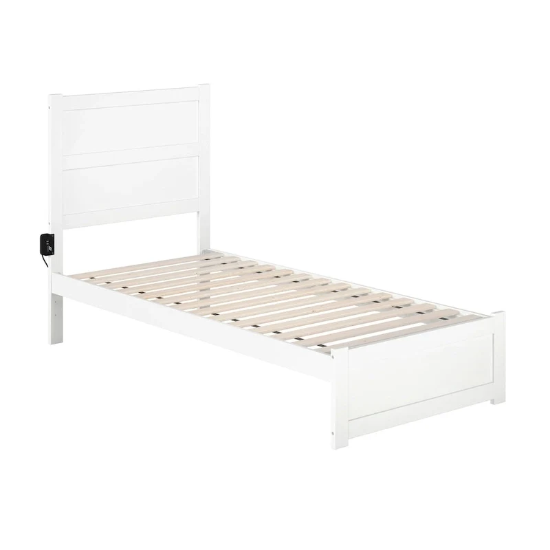 Twin XL Platform Bed White Wood with Footboard USB Charging Station Mid-Century Modern 81.5