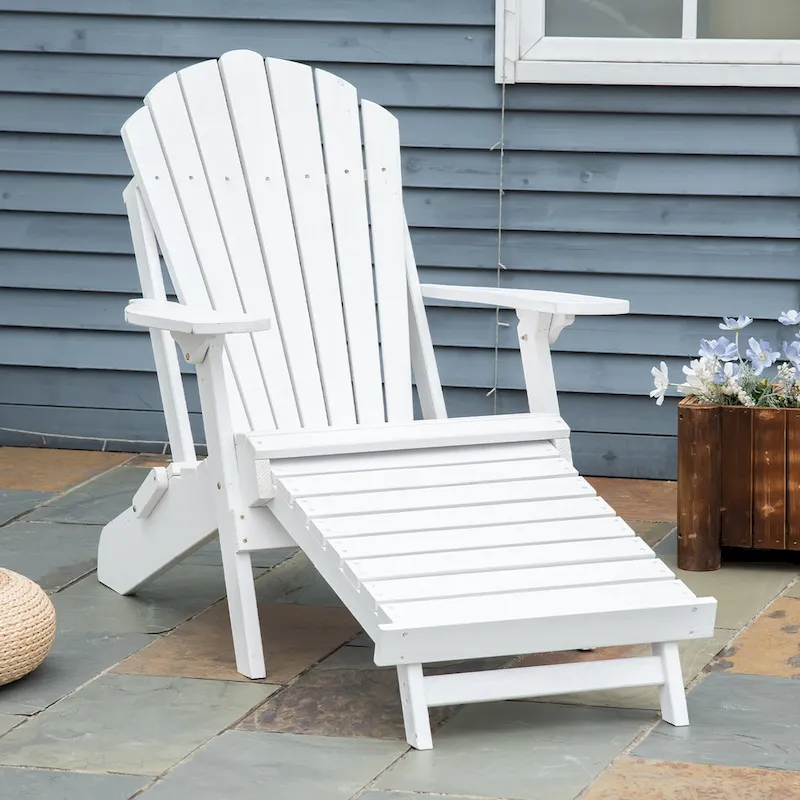 Outsunny Folding Adirondack Chair with Pull Out Ottoman, Outdoor Fir Wood Fire Pit Chair with Footrest, Porch Fanback Lounge