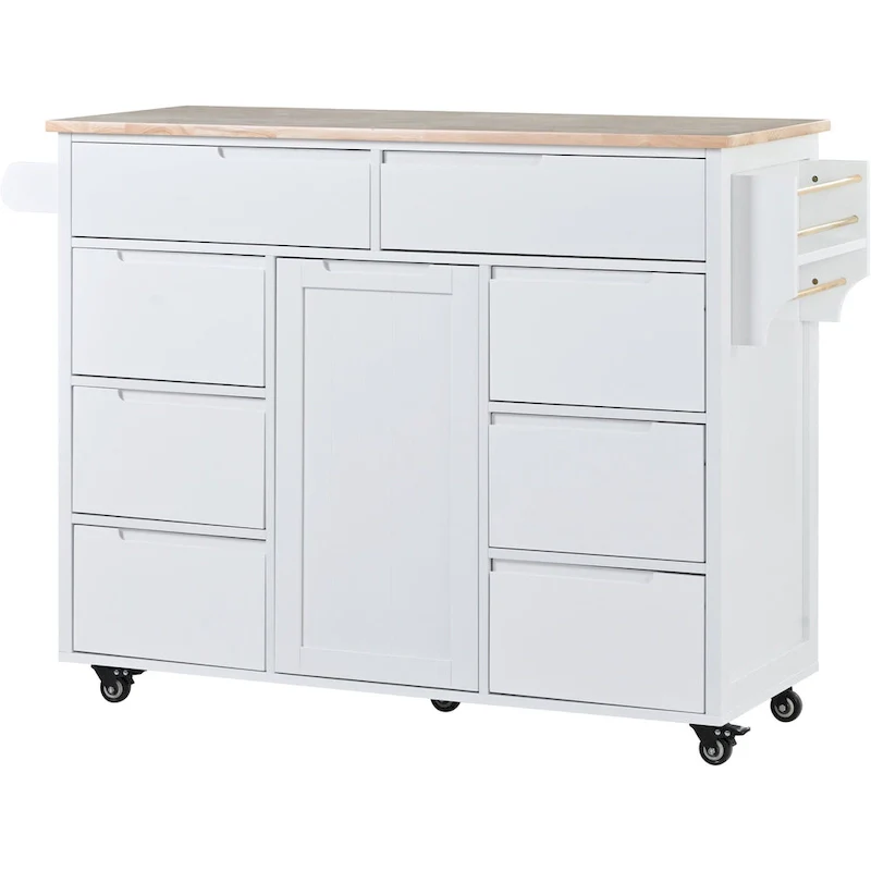 Kitchen Island Cart with Rubber Wood Top and Locking Wheels