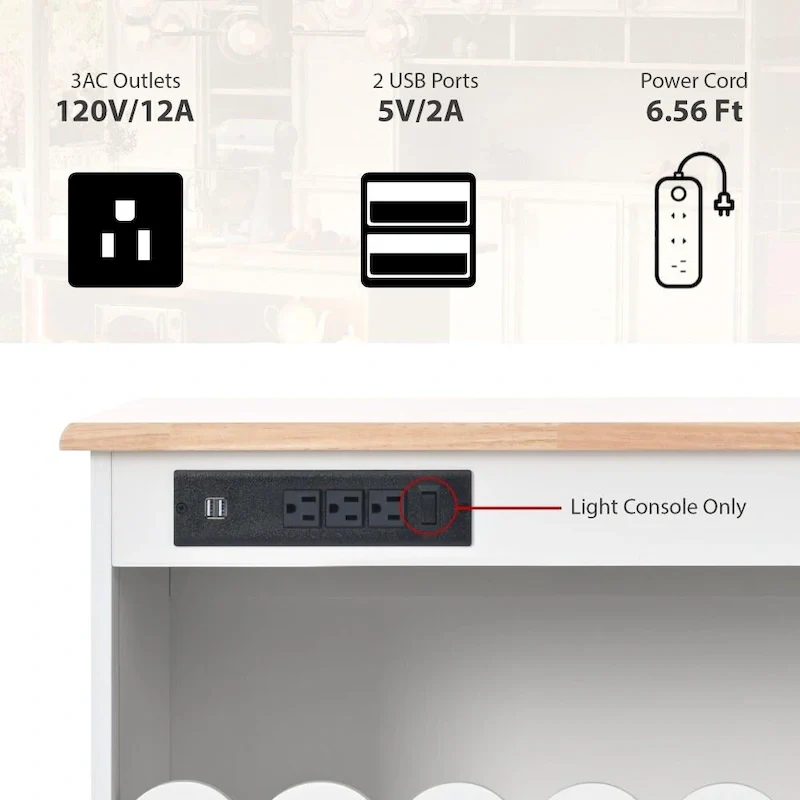 LED Light Kitchen Island on Wheels with Drop Leaf and Power Outlets