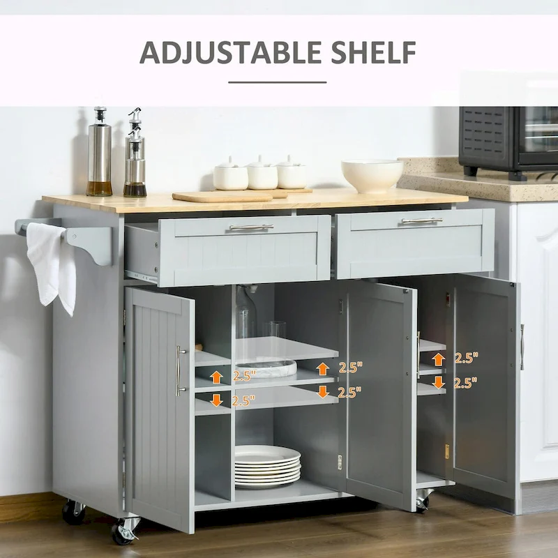 Mobile Kitchen Island with Wood Top, Drawers, Cabinets, Adjustable Shelves, and Towel Rack