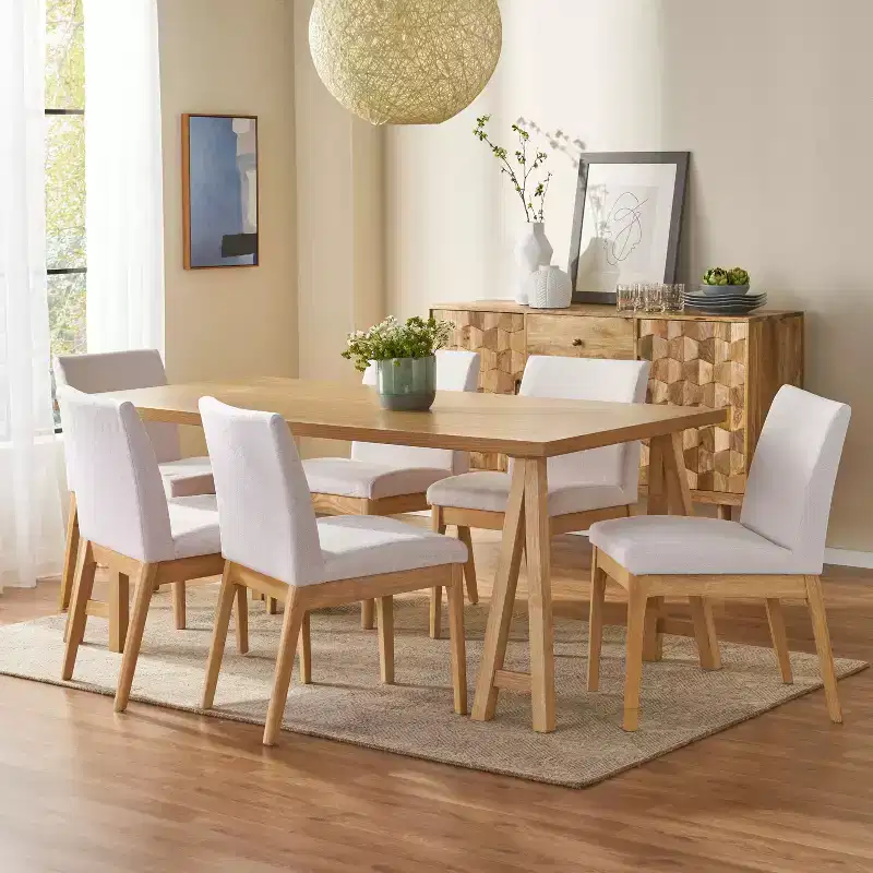 GDFStudio Hampton 7 Pieces Mid Century Modern Upholstered Rubber Wood Dining Set