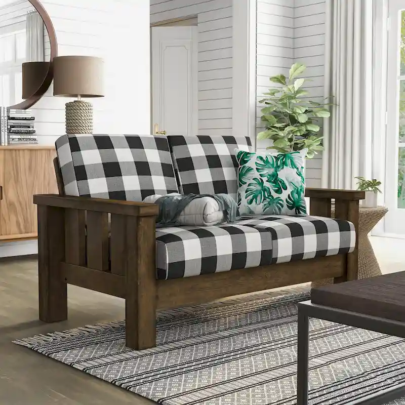 Rustic Oak Plaid Fabric Loveseat - Seats 2