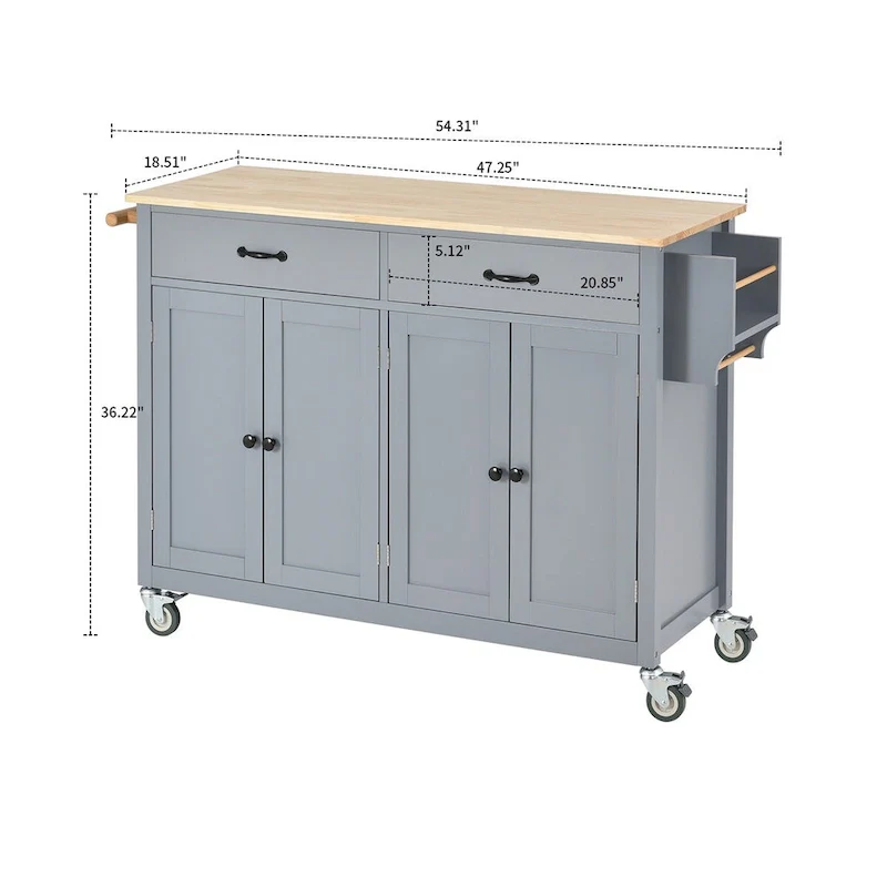 Classic Wooden Kitchen Island Cart with 2 Drawers, 2 Cabinets, a Towel Rack and a Spice Rack