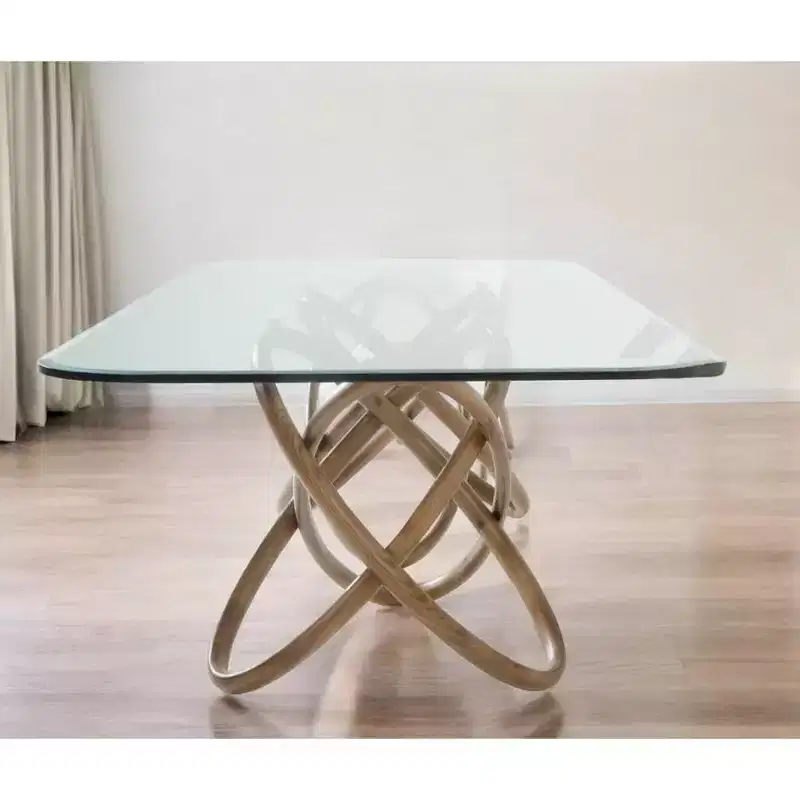 HomeRoots 94 Clear And Natural Glass And Solid Wood Pedestal Base Dining Table