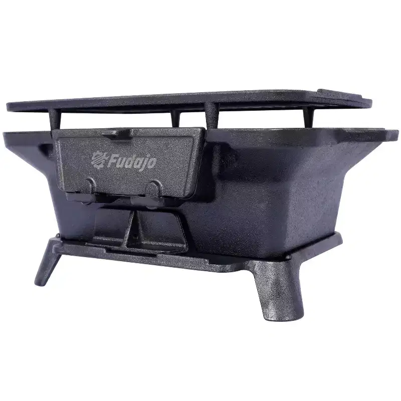 Okak Rectangular Bbq Grill with Cast Iron Frame, Portable Grill with Tabletop Cast Iron Skillet, Durable Charcoal Grills for Camping, Hiking, Black
