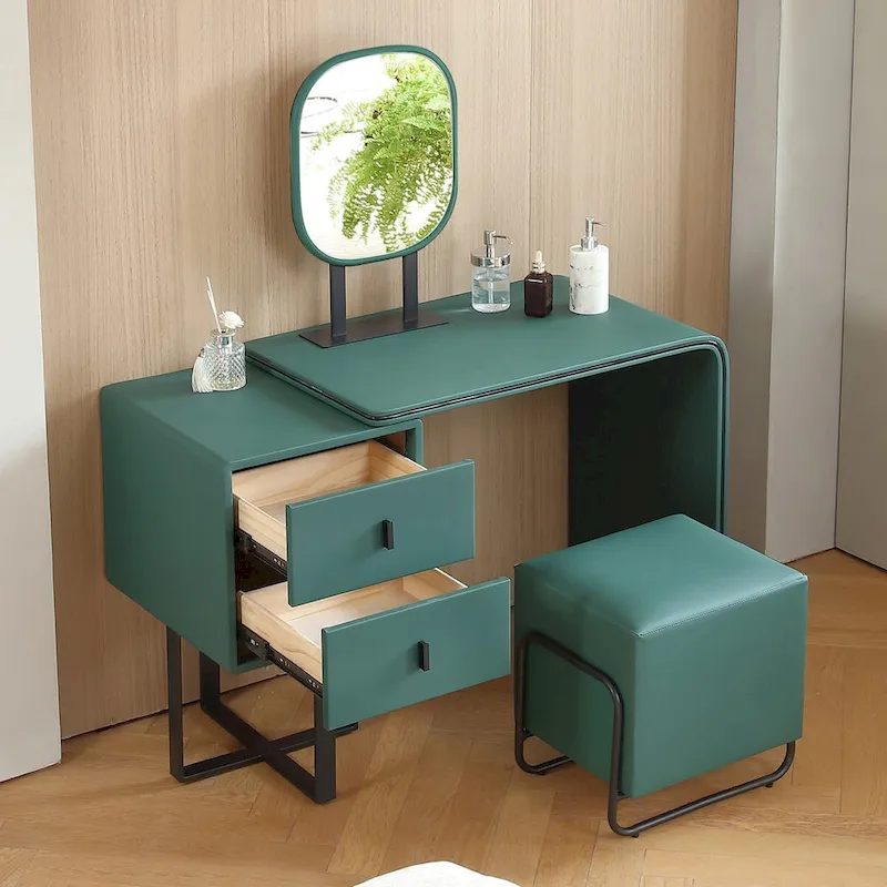 FUKAYI Faux Leather Makeup Vanity Desk Set with Stool Small Vanity Makeup Mirror Desk