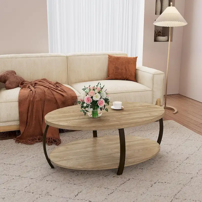 Oval Coffee Table, Industrial 2-Tier Elliptic Coffee Table