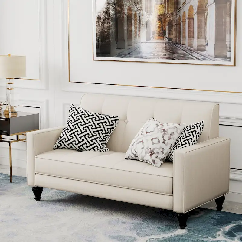 Beige/Black Velvet Upholstered Loveseat with Metal Legs, 2-Person