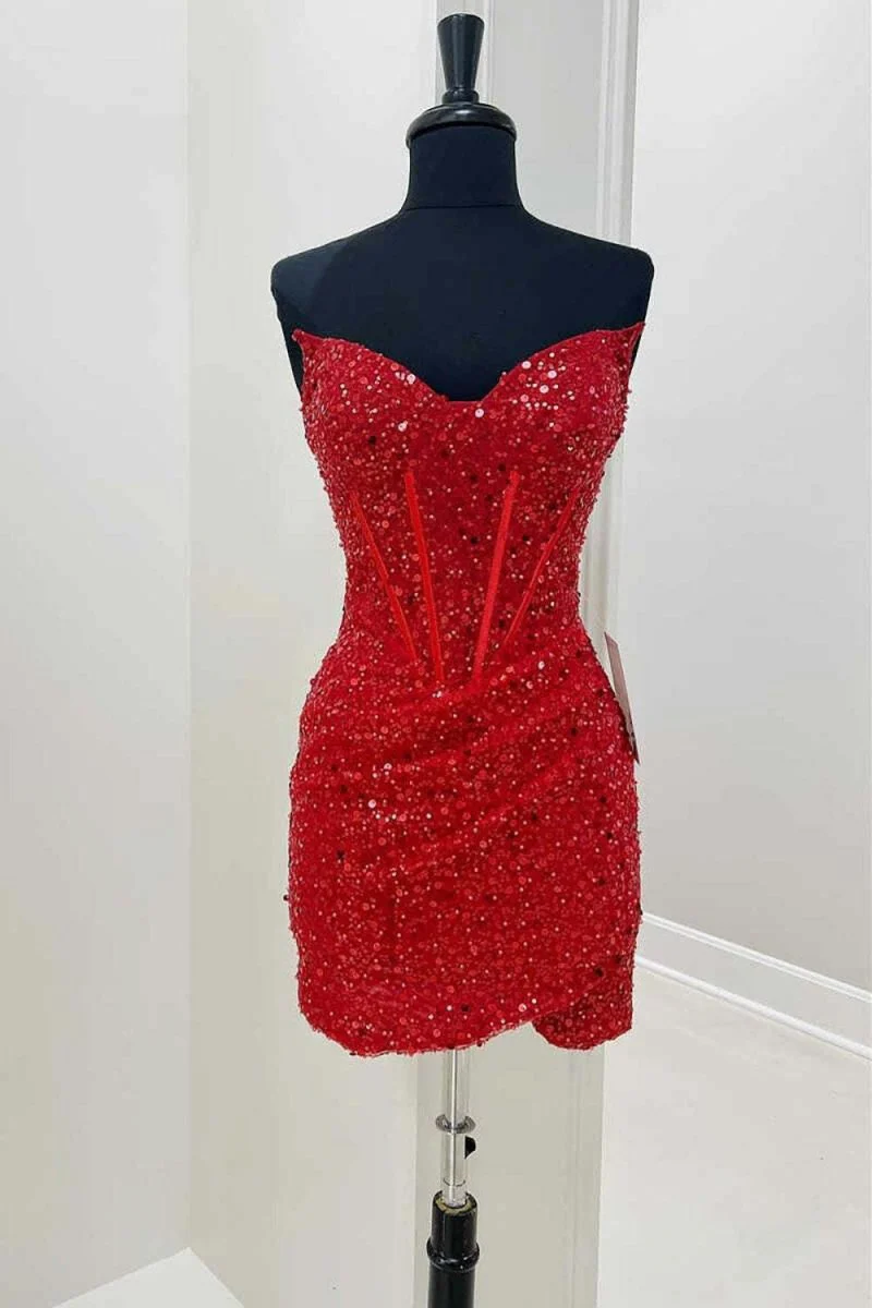 Bodycon Strapless Red Sequins Corset Mini Party Dresses