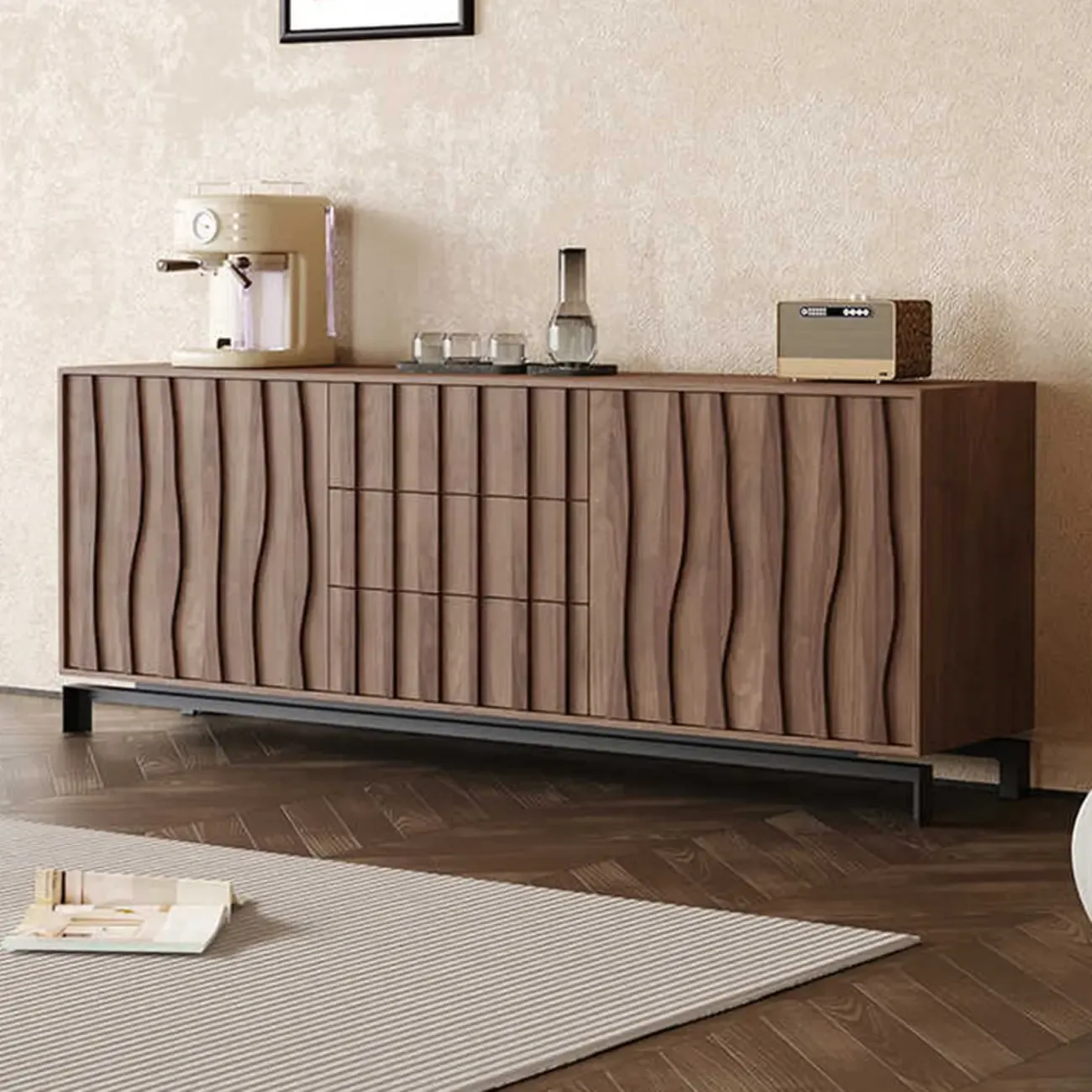 Mid-Century Modern Brown Wooden Waved Utility Storage Cabinet