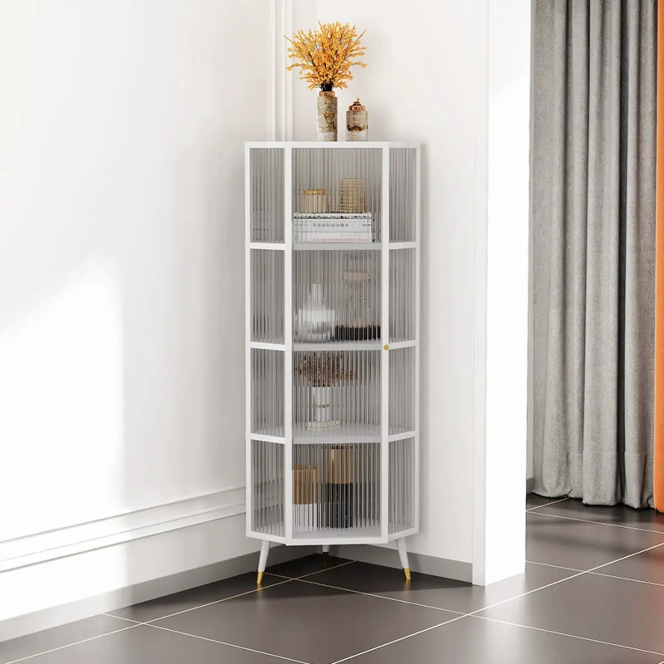 Modern Black Metal Ribbed Glass Corner Cabinet