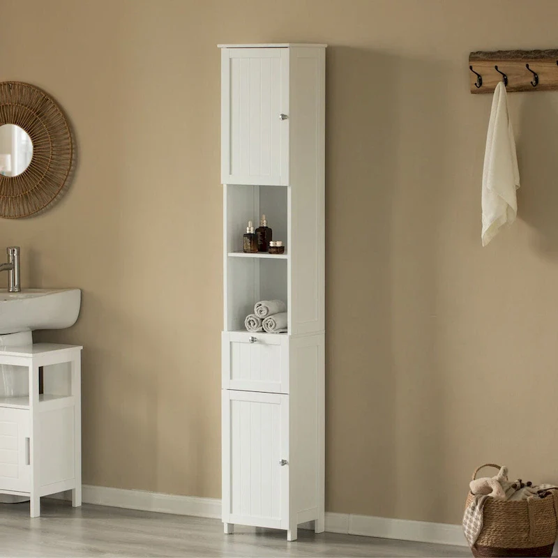 White Tall Bathroom Linen Tower Storage Cabinet