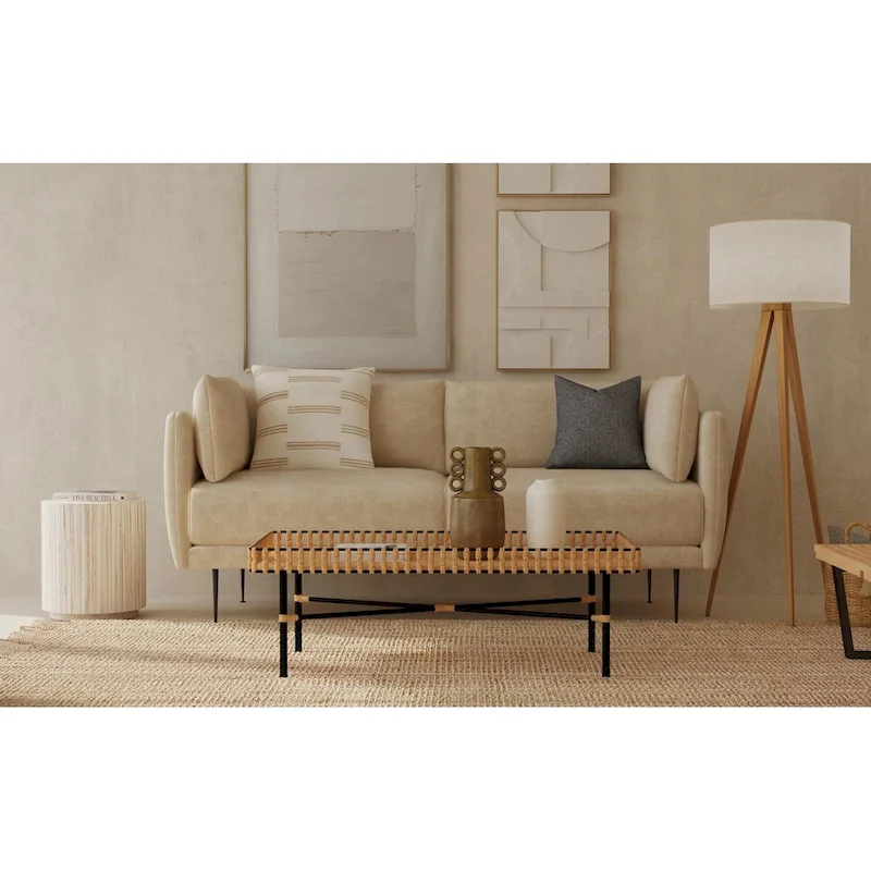 Natural & Black Handwoven Rattan Top Coffee Table with Iron Base – Coastal / Industrial Style, Living Room Use