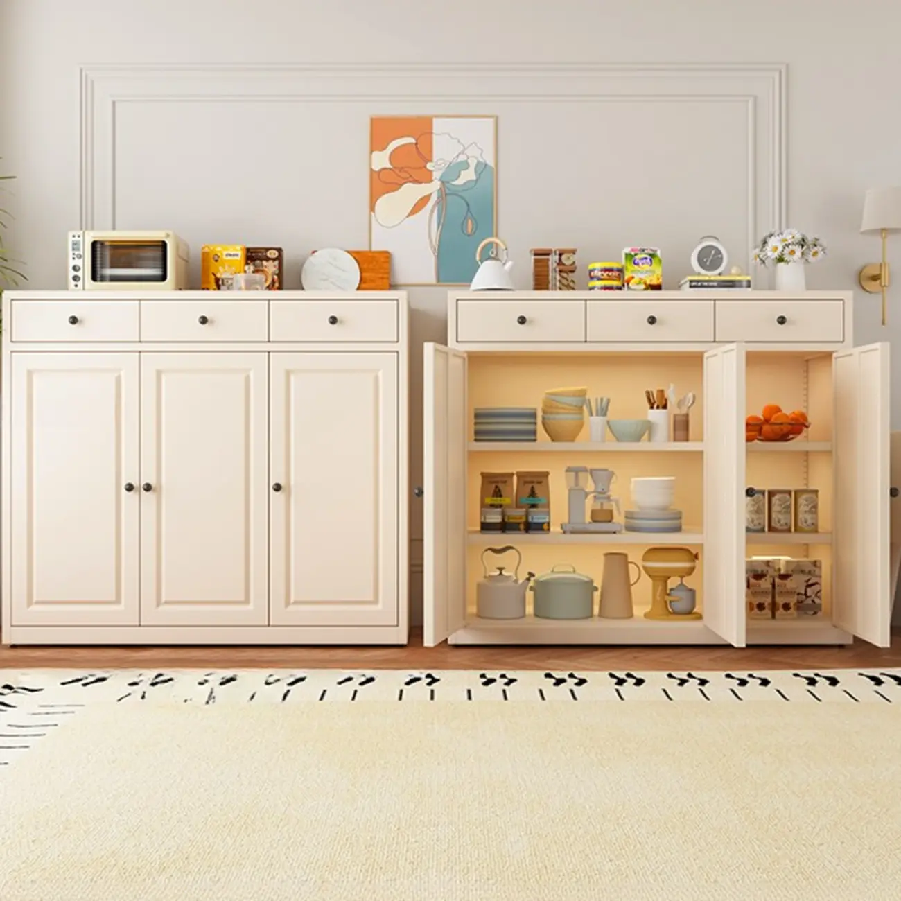 Narrow Metal White Buffet Cabinet with Drawer