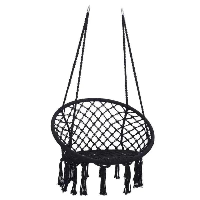 Okak Macrame Swing Chair with Max 330 Lbs Hanging Cotton Rope, Hanging Chair with Backrest, Outdoor Swing for Home or Garden, Black