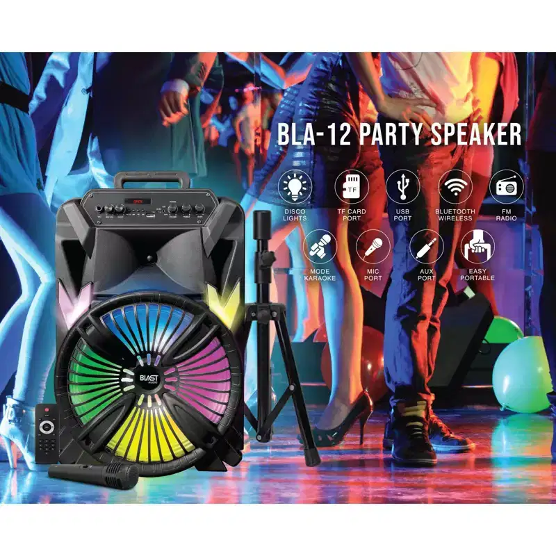 TOPTECH BLA-12 Bluetooth Party Speaker with 5000W Power, Disco Lights, Mic, and Tripod