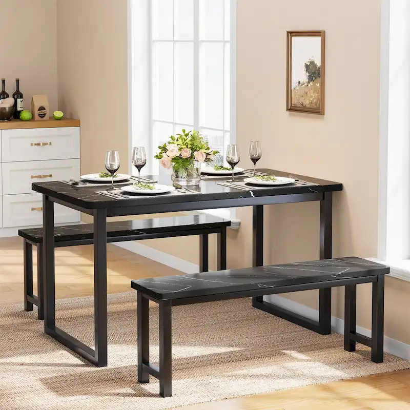 3-Piece Industrial Style Dining Table & Bench, Marble Veneer