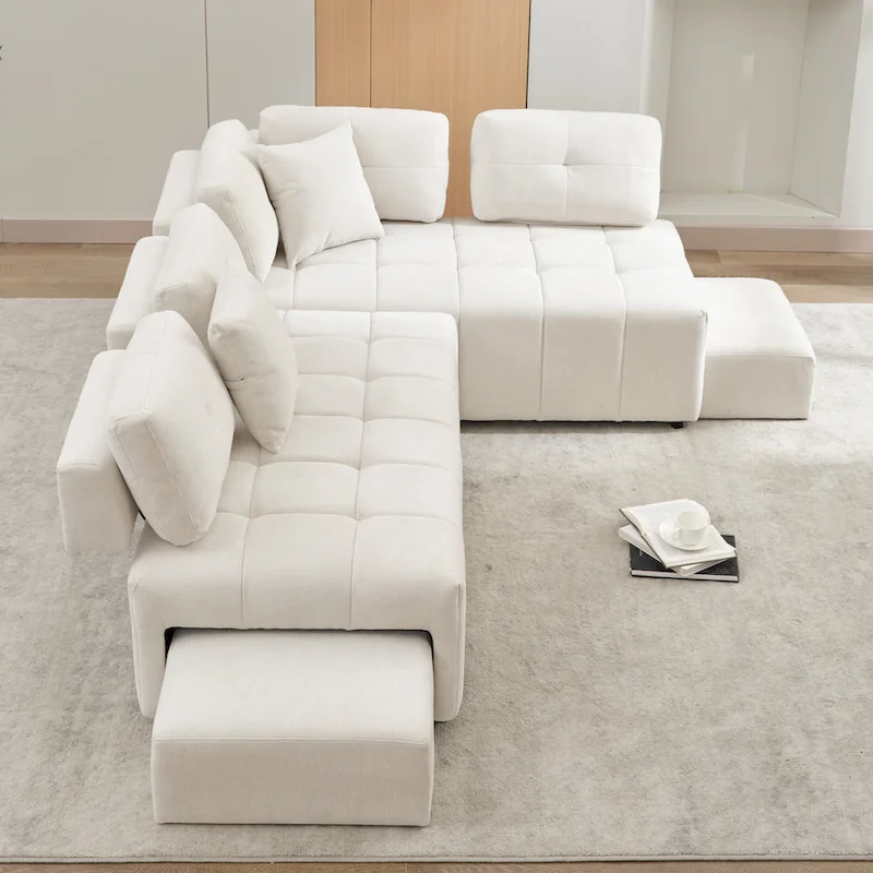 91.73 L-Shaped 4-Seat Sectional Sofa with 2 Hidden Stools, 2 Removable Lumbar Cushions, and Durable Chenille Fabric