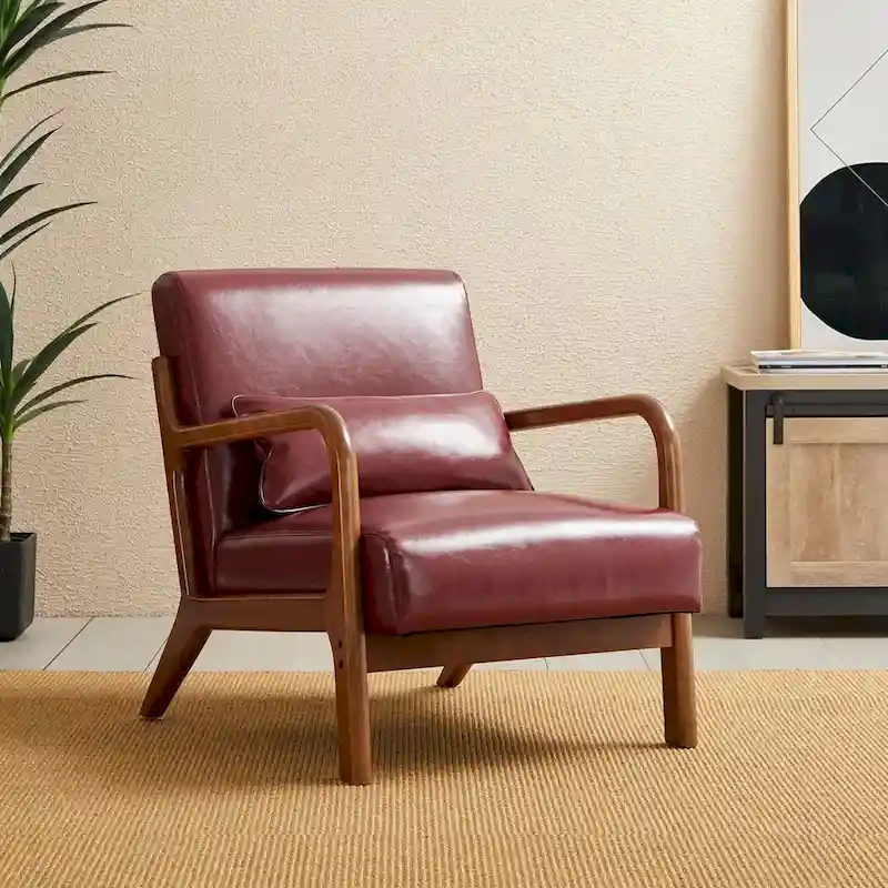 Glitzhome 30.75H Mid-Century Modern PU Leather Armchair Accent Chair with Pillow - 25.75W x 33.75D x 30.75H