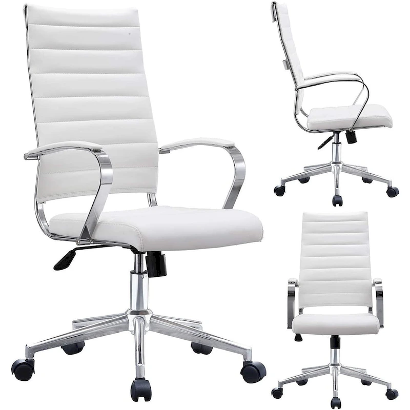 Modern High Back Office Chair Ribbed PU Leather Swivel Tilt Conference Room Computer Desk Cushion Seat Boss